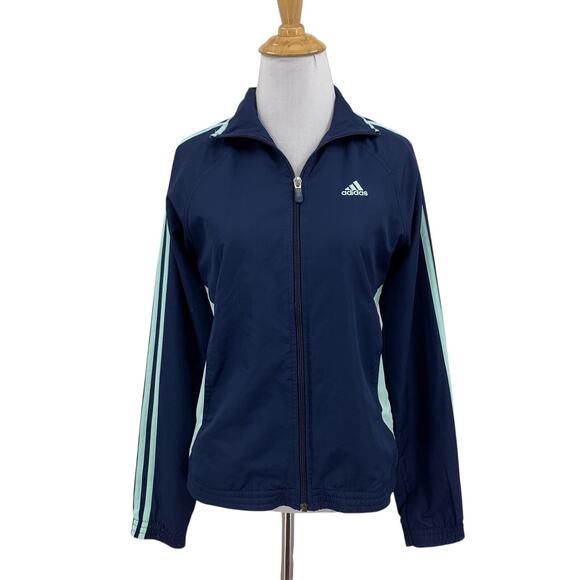 Adidas Jacket Womens S Small Navy Blue Mesh Lined Full Zip 3 Stripes Track - Picture 1 of 13